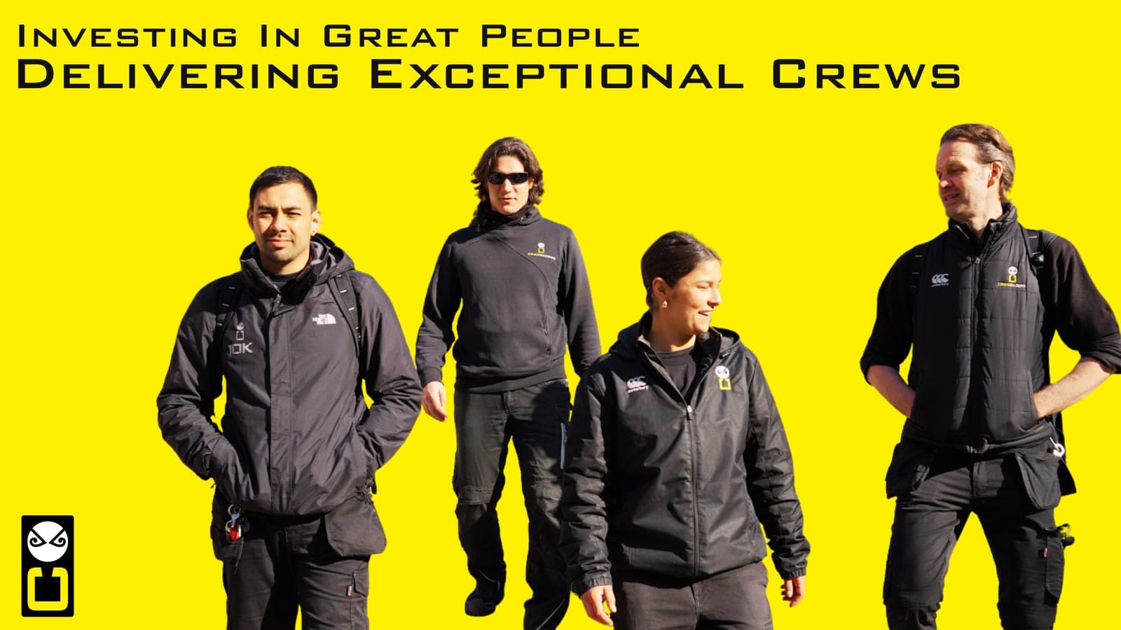 Crewsaders crew in branded workwear alongside the words Investing In Great People, Delivering Exceptional Crews