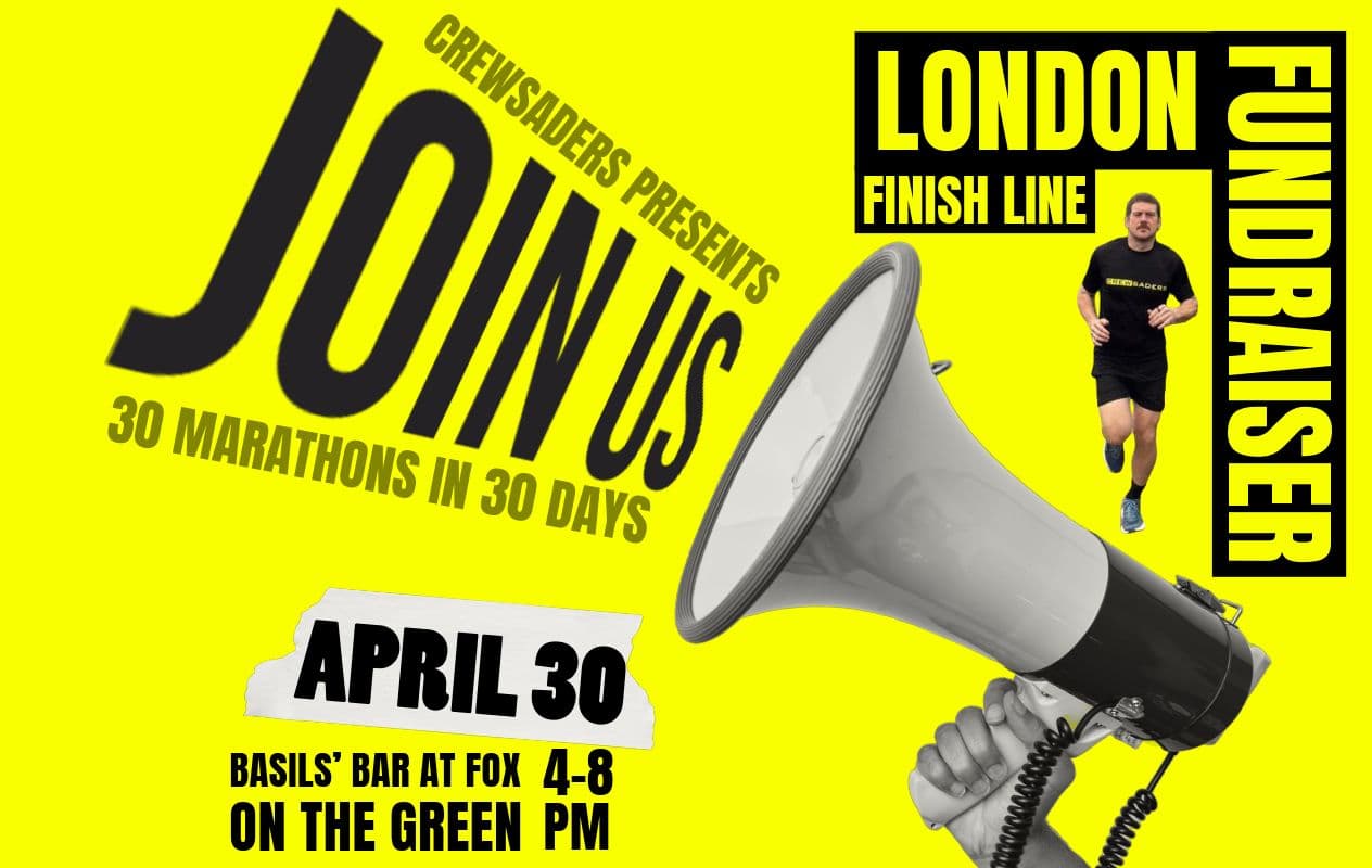 London Finish Line Fundraiser - Basils' Bar at Fox on the Green, April 30, 4PM to 8PM, 30 Marathons in 30 Days